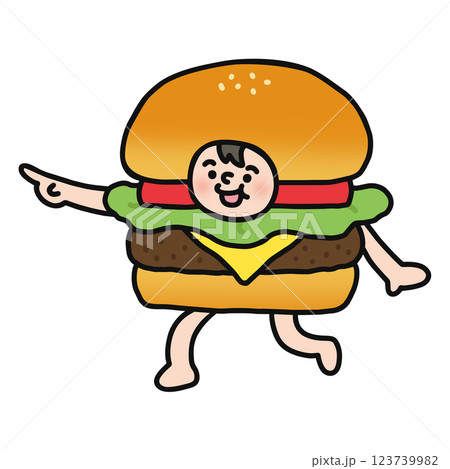ハンバーガーの着ぐるみを着た人物　指差し 123739982