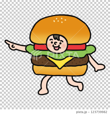 ハンバーガーの着ぐるみを着た人物　指差し 123739982
