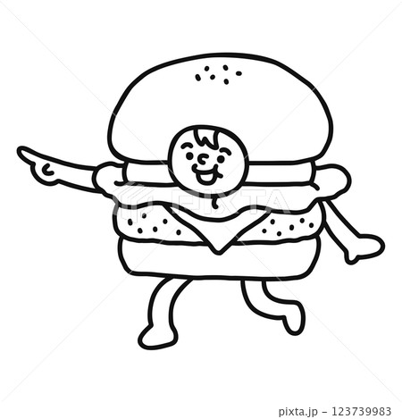 ハンバーガーの着ぐるみを着た人物 指差し 線画 ハンバーガーの着ぐるみを着た人物 指差し 線画 123739983