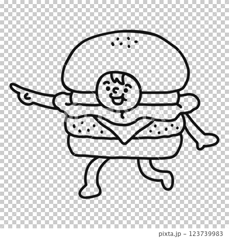 ハンバーガーの着ぐるみを着た人物 指差し 線画 ハンバーガーの着ぐるみを着た人物 指差し 線画 123739983