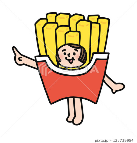フライドポテトの着ぐるみを着た人物 指差し フライドポテトの着ぐるみを着た人物 指差し 123739984
