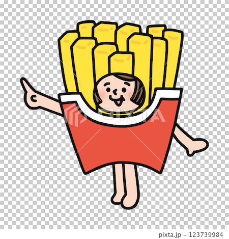 フライドポテトの着ぐるみを着た人物 指差し フライドポテトの着ぐるみを着た人物 指差し 123739984