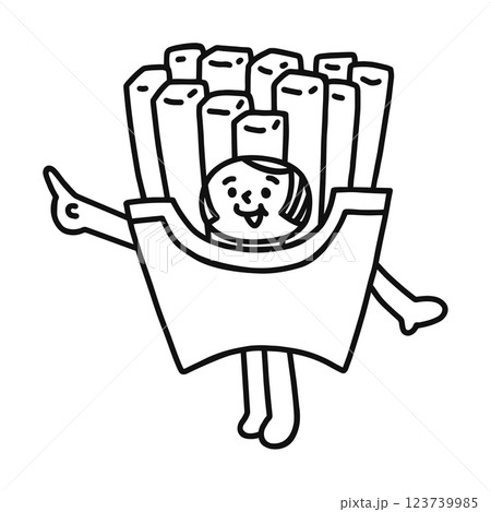 フライドポテトの着ぐるみを着た人物　指差し　線画 123739985