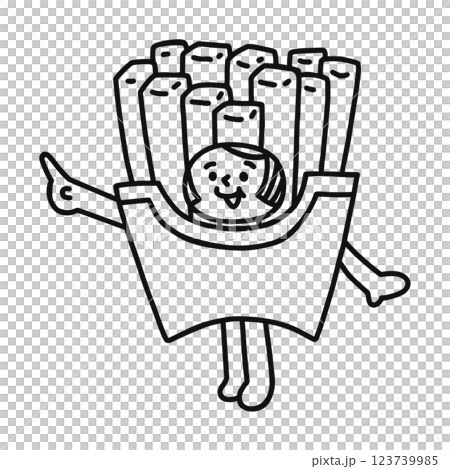 フライドポテトの着ぐるみを着た人物　指差し　線画 123739985