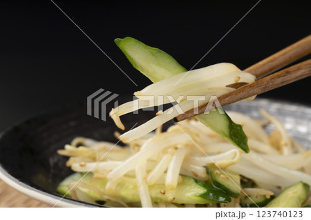 もやしときゅうりのナムルを箸で持ち上げる もやしときゅうりのナムルを箸で持ち上げる 123740123