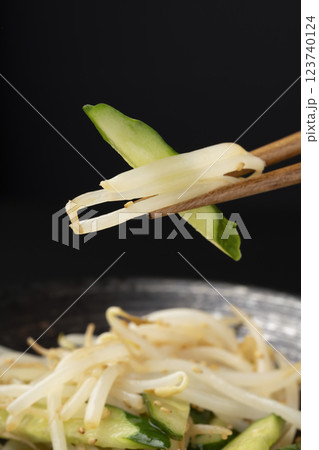 もやしときゅうりのナムルを箸で持ち上げる もやしときゅうりのナムルを箸で持ち上げる 123740124