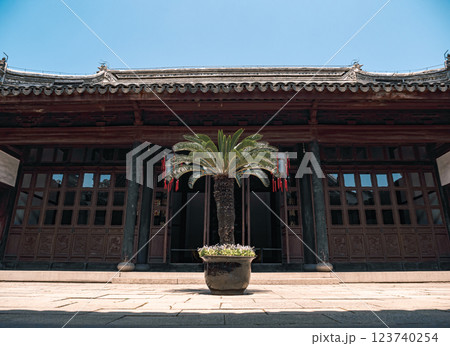 Palm tree in the courtyard of a traditional Chinese building under a clear blue sky 123740254