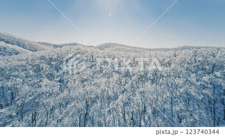 Aerial view of a snow-covered mountain landscape under clear blue sky in winter season 123740344