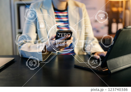 Zero trust security concept Person using computer and tablet with zero trust icon on virtual screen 123740386