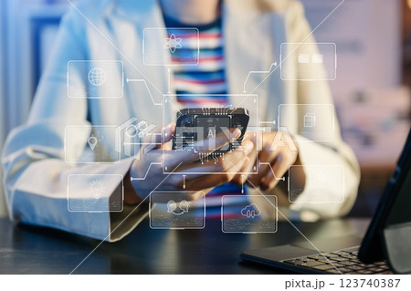 Woman using chat bot in smartphone intelligence Ai. Chat with AI Artificial Intelligence, developed by OpenAI generate. Woman using chat bot in smartphone intelligence Ai. Chat with AI Artificial Intelligence, developed by OpenAI generate. 123740387