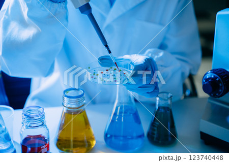Modern medical research laboratory. female scientist hands working with micro pipettes analyzing biochemical samples Modern medical research laboratory. female scientist hands working with micro pipettes analyzing biochemical samples 123740448