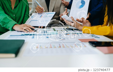 Working team meeting concept, business using laptop and smart phone and digital tablet computer with digital marketing media 123740477