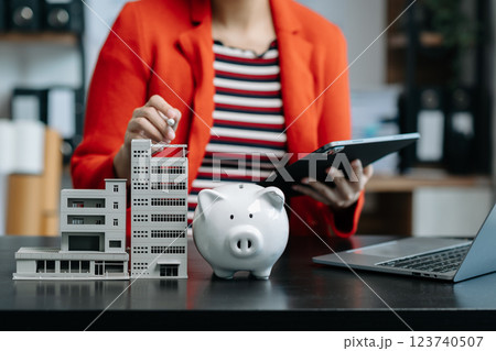 Save smart! Explore financial planning with coins, piggy banks, and digital tools. Perfect for savings, banking, 123740507