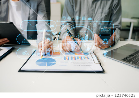 Business team working virtual modern smartphone to reduce CO2 emissions carbon footprint climate change 123740525