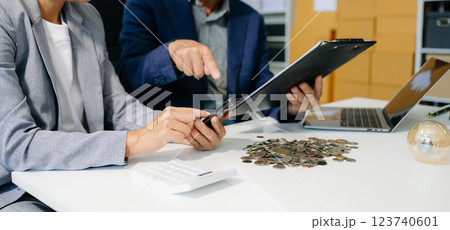 Business team meeting. professional investor working new start up project. Finance task. with smart phone 123740601