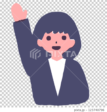 A woman with short hair raising her hand enthusiastically 123740796