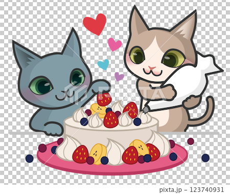 ケーキを作っている2匹の猫のキャラクター ケーキを作っている2匹の猫のキャラクター 123740931