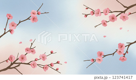 水彩風の梅の花と淡い空の背景 123741417