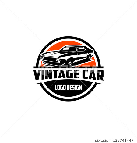 Vintage mustang car silhouette. Isolated white background view from the side. Best for logo, badge, emblem, icon, sticker design, old vintage car industry. Available in eps 10 123741447