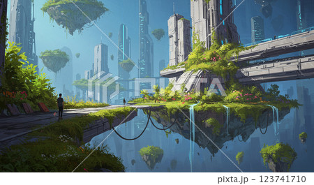 近未来の浮遊都市と融合する自然 – サイバーパンク風景 近未来の浮遊都市と融合する自然 – サイバーパンク風景 123741710