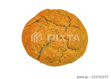 Whole round loaf of bread baked from rye and wheat flour yellow, orange isolated on a white, transparent background POV view. The concept of homemade baking according to old recipes 123742237