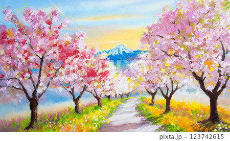 桜並木の水彩画イラスト背景 123742615