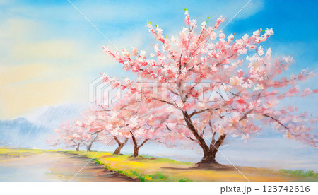 桜並木の水彩画イラスト背景 123742616