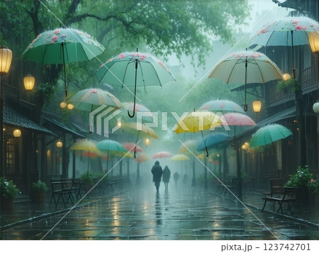 雨降る街と傘の花 123742701