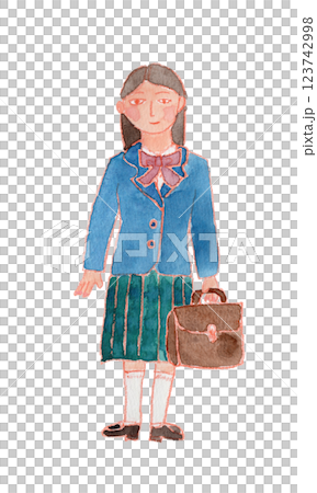 穿著制服、拿著袋子的女孩的水彩畫 123742998