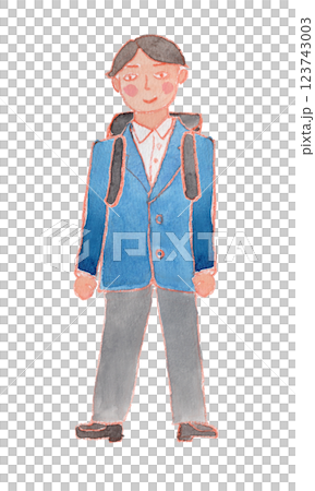 Watercolor illustration of a boy in uniform carrying a backpack 123743003