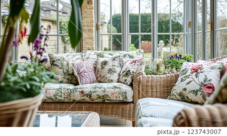 Colorful pillows on sofa against glass wall of window in a winter garden or conservatory. Interior textile concept. High quality photo 123743007