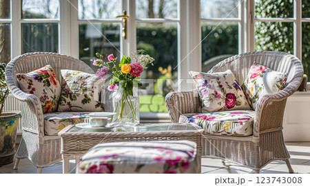 Colorful pillows on sofa against glass wall of window in a winter garden or conservatory. Interior textile concept. High quality photo 123743008