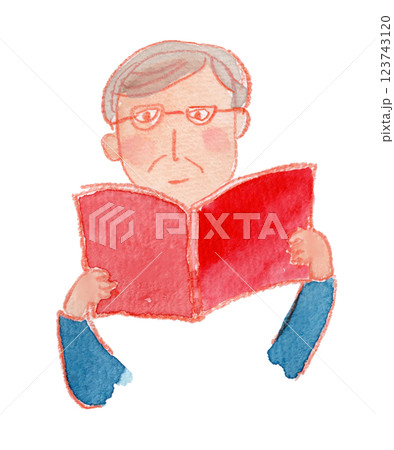 本を読む白髪のおじさんの水彩イラスト 123743120