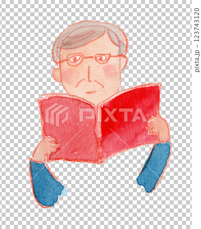 本を読む白髪のおじさんの水彩イラスト 123743120