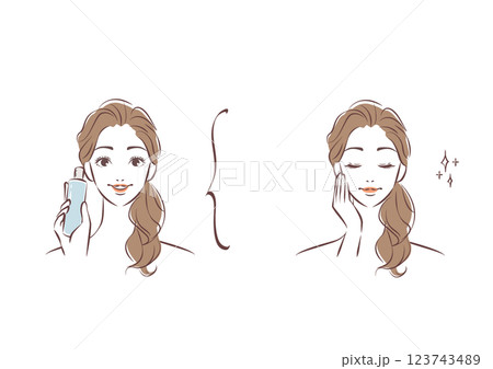 化粧水を塗布する女性　ポニーテール 123743489