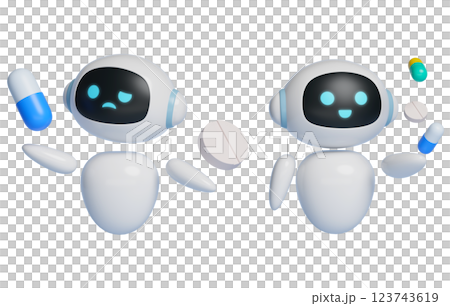 AI robot character 3D graphics floating pill in the air 123743619