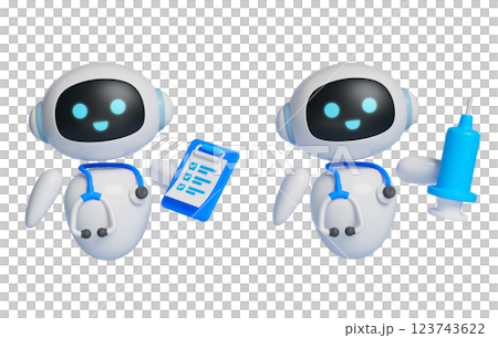 3D graphics of AI robot character holding stethoscope and syringe 3D graphics of AI robot character holding stethoscope and syringe 123743622