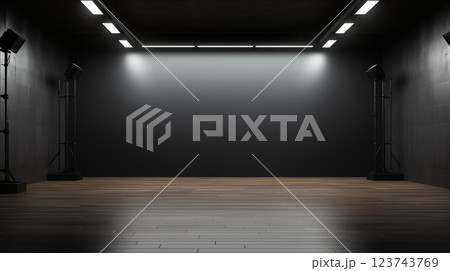Dark grey gradient background spotlight on empty studio room. Empty dark abstract cement wall and studio room with smoke float up interior texture for display products wall background. 123743769