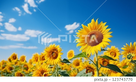 Sunflower field with cloudy blue sky 123743770