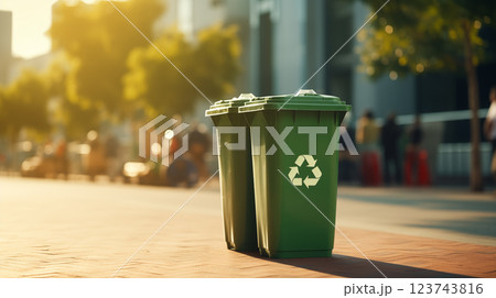 Recycling bin isolated on flat pale green background , eco trash can with copy space. 123743816