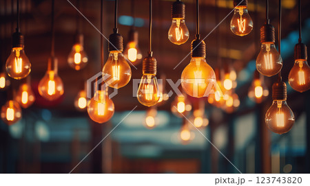 light bulbs hanging from ceiling in cosy cafe. 123743820