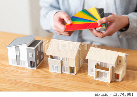 住宅リフォームのカラーシミュレーションをするミドル女性 住宅リフォームのカラーシミュレーションをするミドル女性 123743991