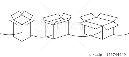 Packaging boxes one line continuous drawing. Carton delivery boxes. Vector illustration. Packaging boxes one line continuous drawing. Carton delivery boxes. Vector illustration. 123744449