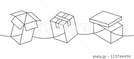 Storage boxes one line continuous drawing. Carton delivery boxes. Vector illustration. Storage boxes one line continuous drawing. Carton delivery boxes. Vector illustration. 123744450