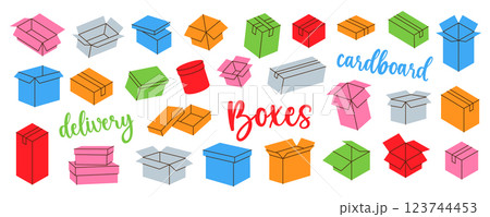 Set of cardboard boxes. Delivery packaging boxes. Present gift boxes. Vector illustration. 123744453