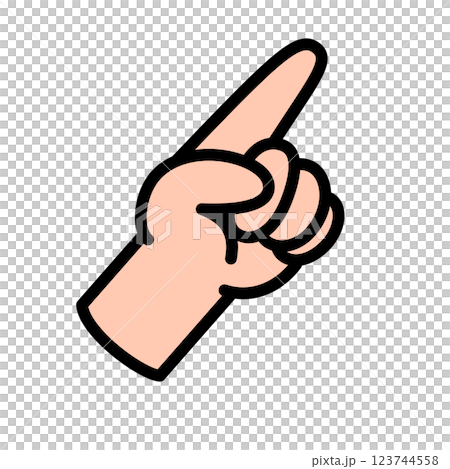 Illustration of a hand with an extended index finger pointing, focus here, skin color orange 123744558