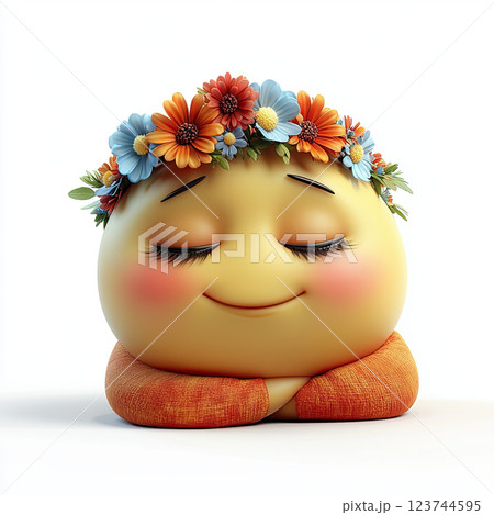 serene cartoon emoji with flower crown, expressing joy and tranquility 123744595