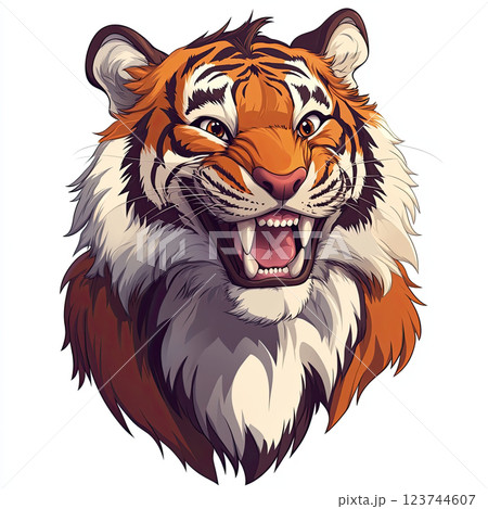 Playful cartoon tiger smiling with teeth showing, vibrant colors and details Playful cartoon tiger smiling with teeth showing, vibrant colors and details 123744607