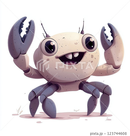 Playful cartoon crab waving its claws, showcasing cheerful expression Playful cartoon crab waving its claws, showcasing cheerful expression 123744608