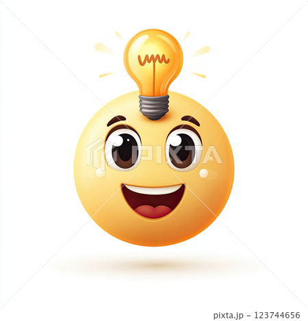 Happy emoji with light bulb, symbolizing bright ideas and creativity 123744656